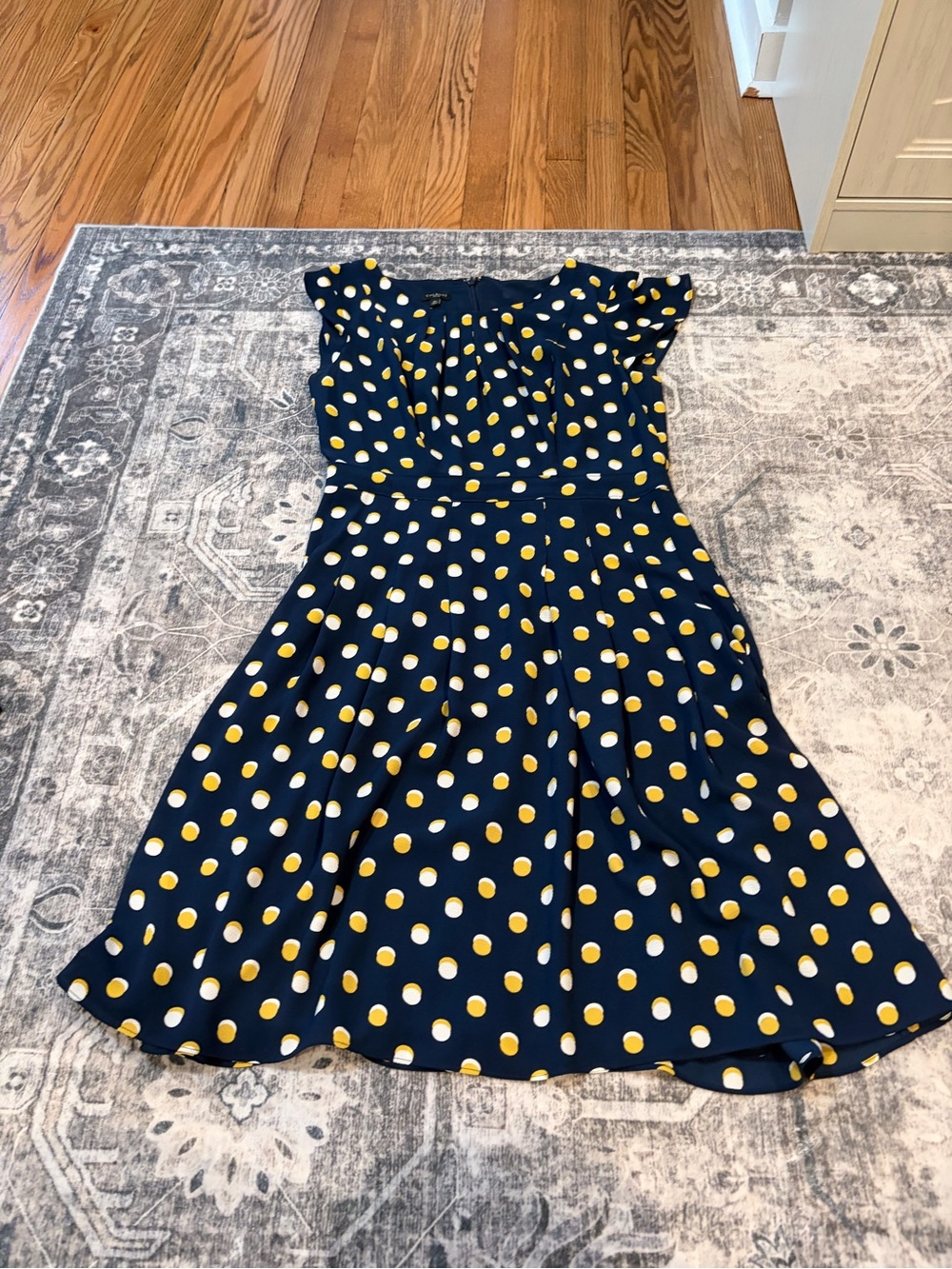 Talbots Navy Midi Dress with Yellow & White Polka Dots